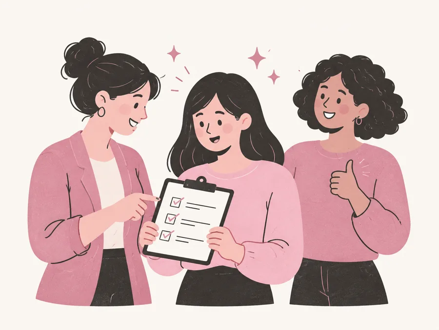Drei Frauen gehen gemeinsam eine Checkliste durch